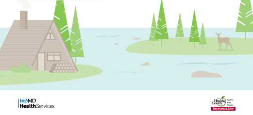 Drawing log cabin on island and deer on island