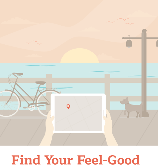 Drawing person using map app on pier with bike and dog during sunset