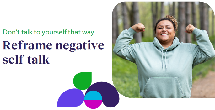 Woman flexing both arms and quote "Reframe negative self-talk"